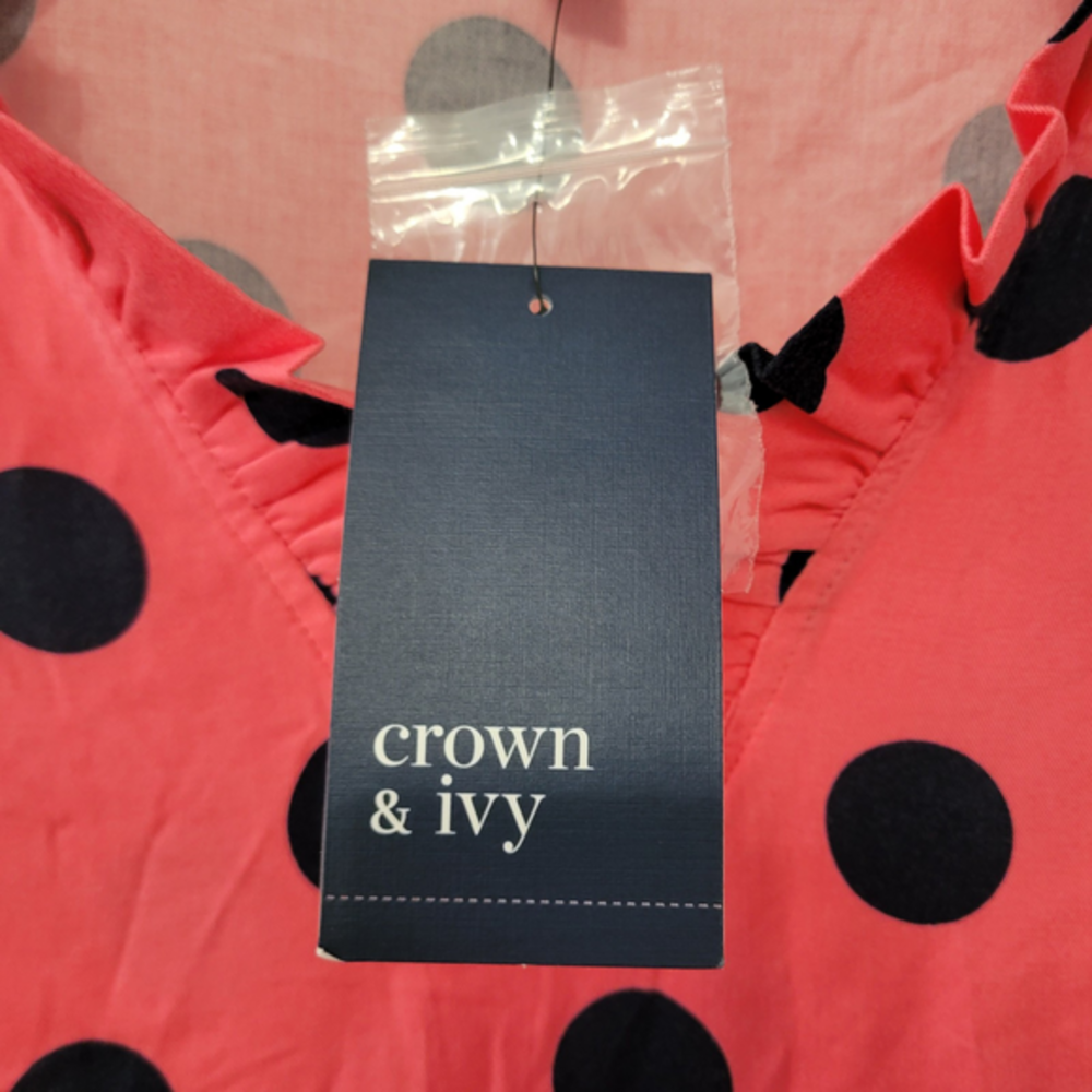 NWT Crown & Ivy Women's Ruffle Trim Pink Polka Dot Blouse Top Size Large Petite - Picture 8 of 11